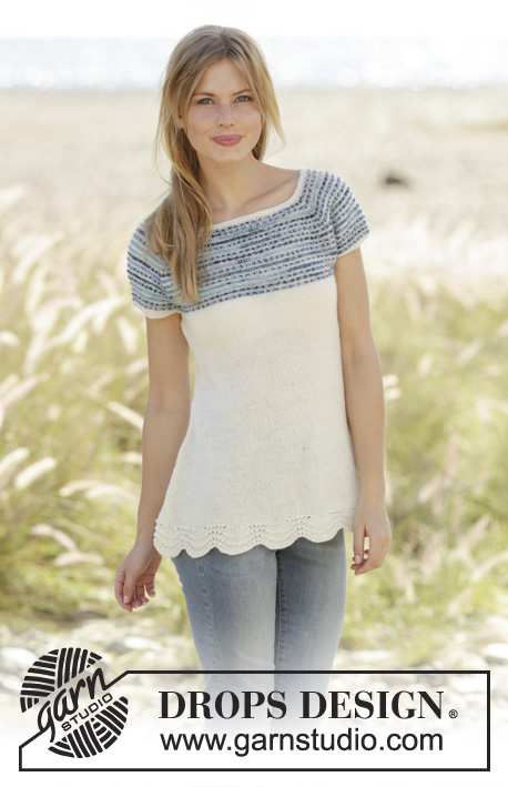 Spring Rain Top / DROPS 177-26 - Knitted top with edge in wave pattern, raglan and stripes on yoke in DROPS Fabel. Size: S - XXXL