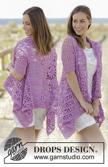 Lilac Dream / DROPS 177-28 - Crochet jacket worked in a square with lace pattern and short sleeves in DROPS Cotton Light. Size: S - XXXL
