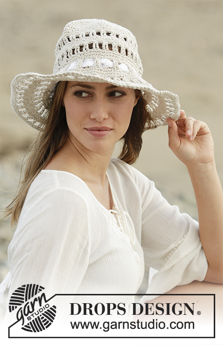 Sand Voyage / DROPS 178-41 - Hat with lace pattern, crochet top down in DROPS Bomull-Lin or DROPS Paris. Size S - XL.