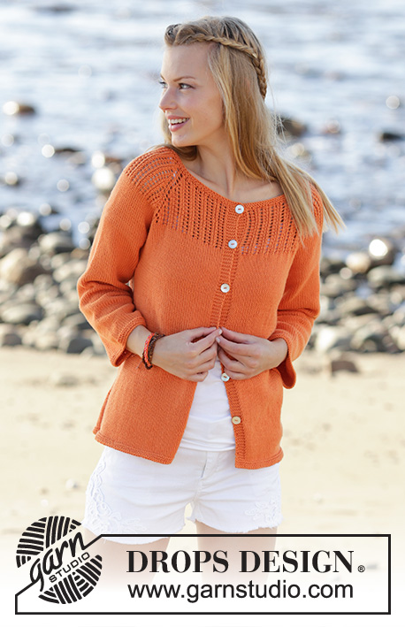 Orange Dream Cardigan / DROPS 178-43 - Rozpinany sweter przerabiany od góry do dołu, z reglanem, ażurowym karczkiem, rękawami ¾, w formie trapezu, z włóczki DROPS Safran. Od S do XXXL