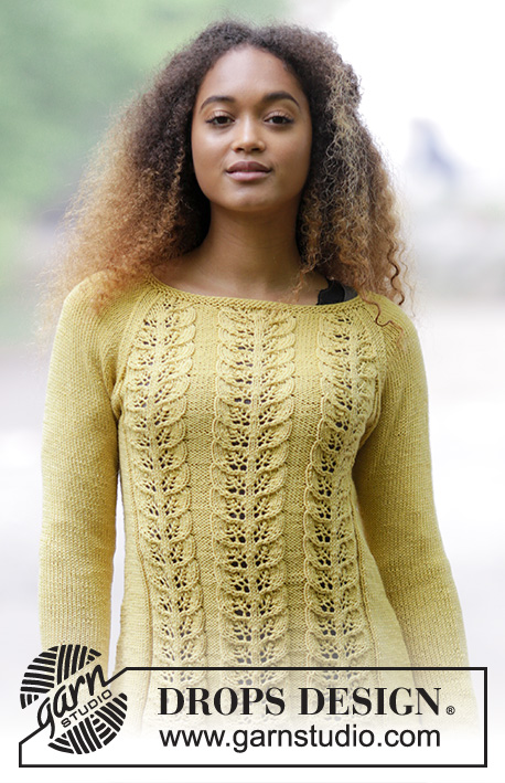 Lemon Parfait / DROPS 180-1 - Knitted jumper with leaf pattern and raglan decrease. Sizes S - XXXL.
The piece is worked in DROPS Cotton Merino.