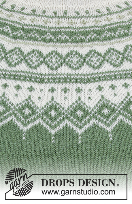 Perles du Nord / DROPS 180-2 - Souprava: pulovr s kruhovým sedlem s norským vzorem pletený shora dolů a čepice s norským vzorem pletené z příze DROPS Flora. Velikost S – XXXL.