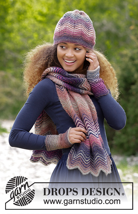 Warm Waves / DROPS 180-32 - Set consists of: Knitted scarf, hat and wrist warmers with stripes and zig-zag pattern in garter stitch. 
All parts are knitted in DROPS Delight.