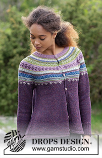 Blueberry Fizz Jacket / DROPS 180-8 - Knitted jacket with round yoke, multi-colored Norwegian pattern and A-shape, worked top down. Sizes S - XXXL.
The piece is worked in DROPS Alpaca.