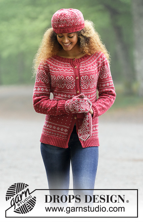 Rosendal / DROPS 181-1 - The set consists of: Knitted jacket with round yoke and multi-colored Norwegian pattern, worked top down. Sizes S - XXXL. Hat and mittens with multi-colored Norwegian pattern.
The set is worked in DROPS Merino Extra Fine.