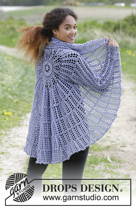Fairy Glass / DROPS 181-26 - Crochet jacket worked in a circle with fan pattern. Size: S - XXXL
Piece is crocheted in DROPS BabyMerino.