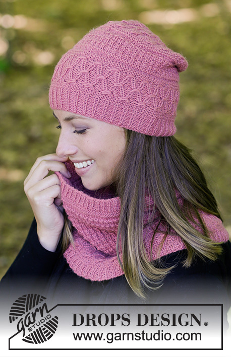Raspberry Truffle / DROPS 182-8 - The set consists of: Hat and neck warmer with textured pattern, worked top down. Sizes S – L. 
The set is worked in DROPS Puna.