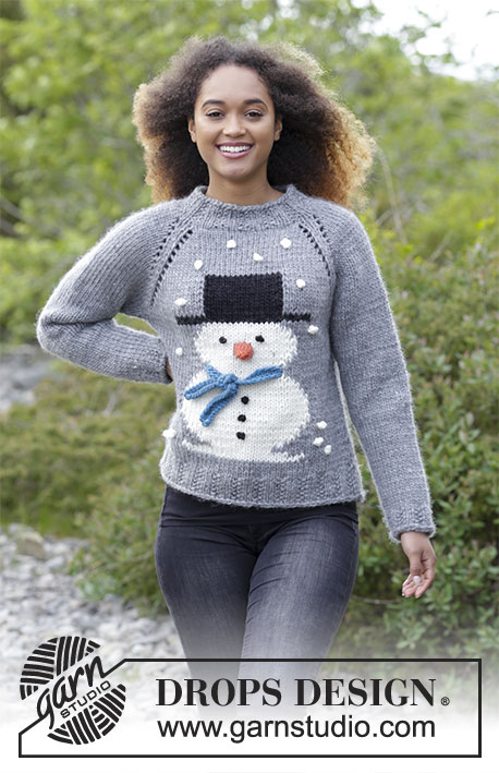 Frosty's Christmas / DROPS 183-13 - Sweter / sweter świąteczny na drutach przerabiany od góry do dołu, z żakardem bałwankiem i reglanowymi rękawami, z włóczki DROPS Snow lub DROPS Wish. Od S do XXXL