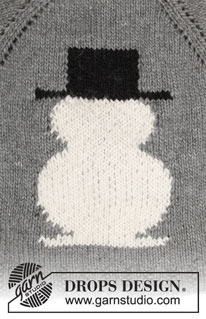 Frosty's Christmas / DROPS 183-13 - Sweter / sweter świąteczny na drutach przerabiany od góry do dołu, z żakardem bałwankiem i reglanowymi rękawami, z włóczki DROPS Snow lub DROPS Wish. Od S do XXXL