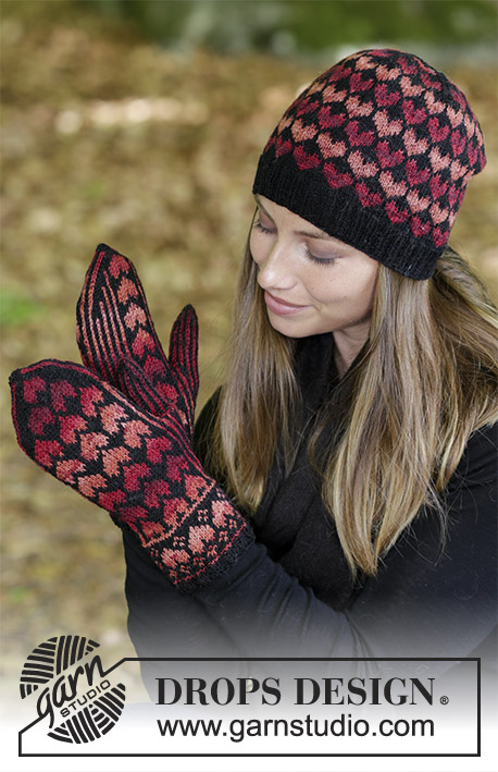 Queen of Hearts / DROPS 183-23 - Set consists of: Hat and mittens with hearts.
Piece is knitted in DROPS Fabel.