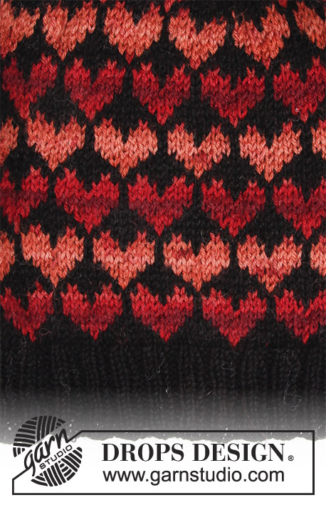 Queen of Hearts / DROPS 183-23 - Ensemble: Moufles et bonnet tricotés en DROPS Fabel, avec jacquard cœurs.