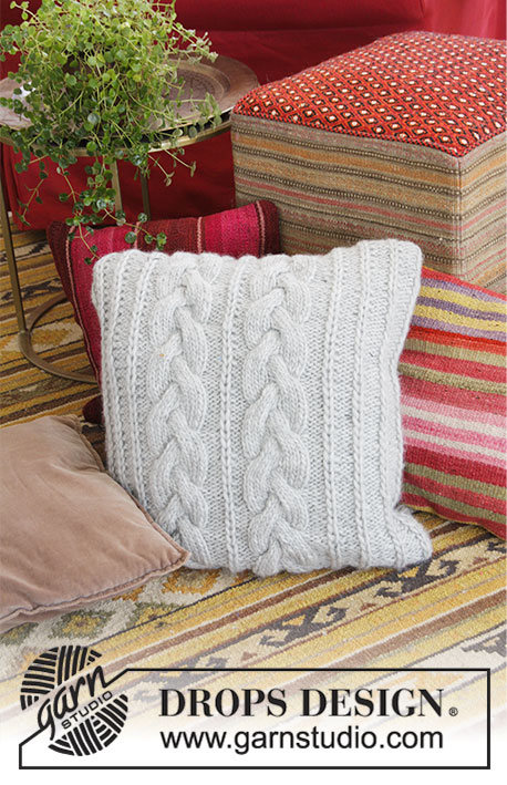 Winter Snuggle Pillow / DROPS 183-44 - Strikket pute med fletter og halvpatent-variant. Arbeidet er strikket i 2 tråder DROPS Air.