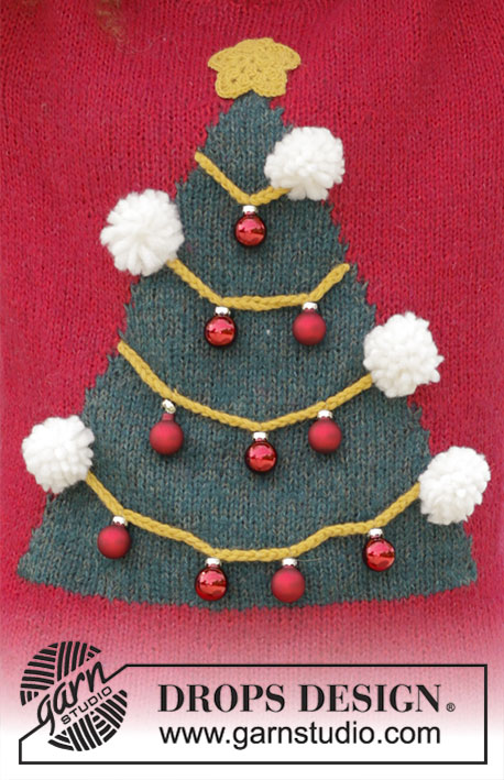 How To Be A Christmas Tree / DROPS 183-8 - Neulottu pusero joulukuusella, virkatulla tähdellä ja tupsuilla. Koot S-XXXL.
Työ neulotaan DROPS Alpaca- ja DROPS Brushed Alpaca Silk -langoista ja tupsut tehdään DROPS Snow-langasta.