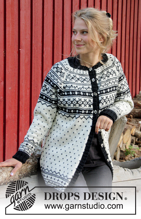 Telegram Jacket / DROPS 184-22 - Raglánový propínací svetr s norským vzorem pletený z příze DROPS Karisma. Velikost: S - XXXL