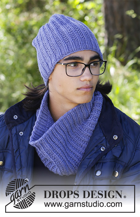 Matterhorn / DROPS 185-17 - The set consists of: Men’s knitted hat and neck warmer with textured pattern. Sizes S/M – L/XL. The set is worked in DROPS Nepal.