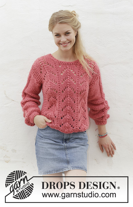Blushing Beauty / DROPS 186-1 - Knitted jumper with lace pattern. Sizes S - XXXL. The piece is worked in 2 strands DROPS Air or you can use 2 strands DROPS Brushed Alpaca Silk.