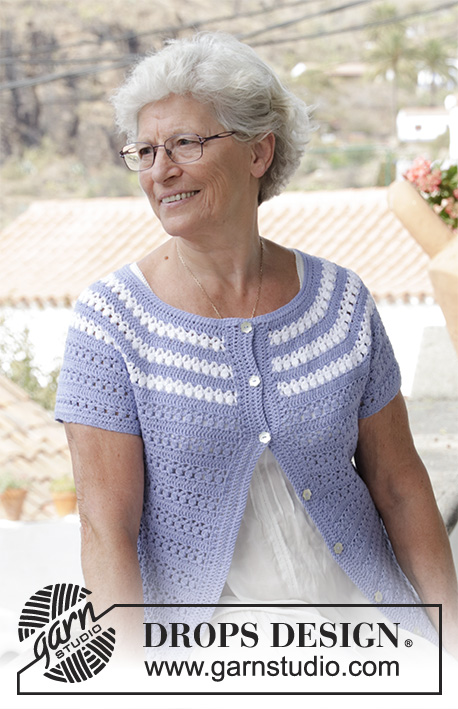 Meet Me in Provence / DROPS 186-27 - Jacket with short sleeves, lace pattern and stripes, crocheted top down. Size: S - XXXL Piece is crocheted in DROPS BabyMerino.