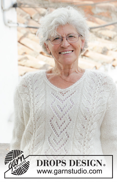 The Pearl / DROPS 186-31 - Knitted jumper with lace pattern and V-neck. Sizes S - XXXL. The piece is worked in DROPS Alpaca and DROPS Kid-Silk.