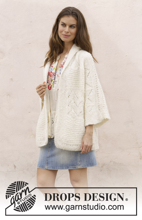 Summer's End / DROPS 187-19 - Knitted jacket with lace pattern. Sizes S - XXXL. The piece is worked in DROPS Alpaca Bouclé.