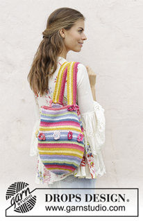 Juanita / DROPS 187-3 - Bag with stripes and flowers, crocheted bottom up. Piece is crocheted in DROPS Paris.