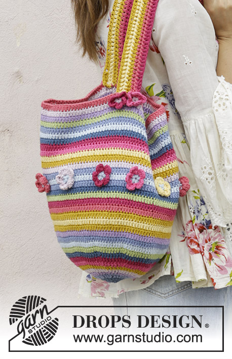 Juanita / DROPS 187-3 - Bag with stripes and flowers, crocheted bottom up. Piece is crocheted in DROPS Paris.