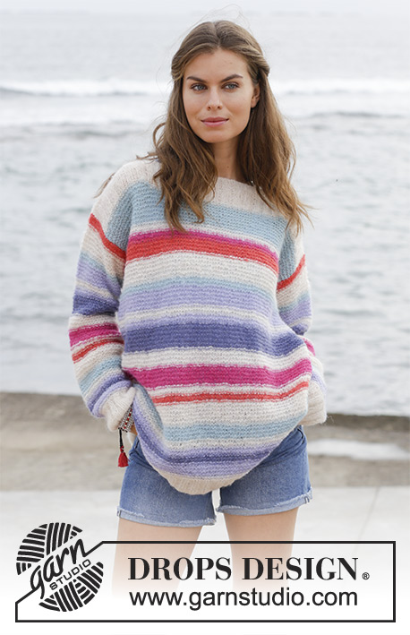 Sunset at Sea / DROPS 187-31 - Knitted sweater with garter stitch and stripes. Sizes S - XXXL. The piece is worked in DROPS Brushed Alpaca Silk.