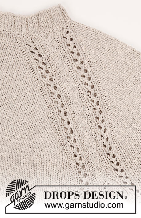 Madrid / DROPS 188-19 - Gebreide trui met raglan, kabels, kantpatroon en split in de zijkanten, van boven naar beneden gebreid. Maten S - XXXL. Het werk wordt gebreid in DROPS Cotton Light.