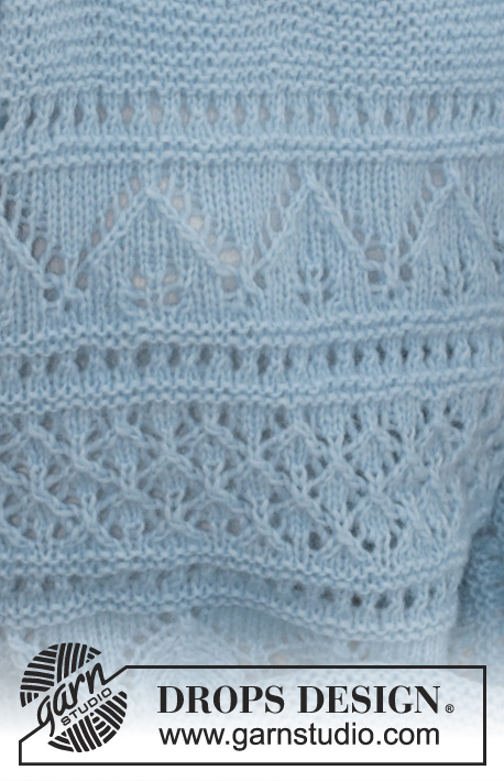 Matelot / DROPS 188-21 - Knitted jumper with lace pattern, garter stitch, V-neck and split in sides. Sizes S - XXXL. The piece is worked in DROPS Air.