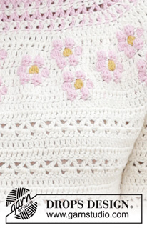 Petite Fleur Cardigan / DROPS 188-7 - Casaco crochetado de cima para baixo com jacquard, flores, encaixe arredondado, e mangas 3/4, em DROPS Cotton Merino. Do S ao XXXL