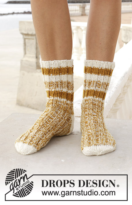 Sunny Feet / DROPS 189-32 - Knitted socks with stripes. Size 35-43. Piece is knitted top down with 2 strands in DROPS Fabel.