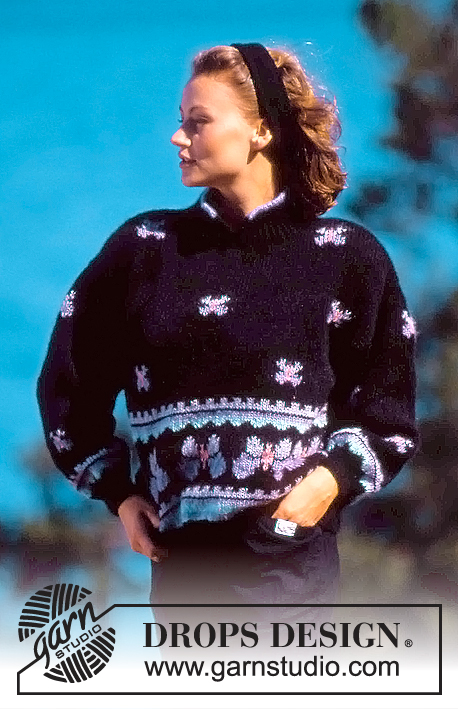 DROPS 19-8 - Sweter na drutach, z żakardem w motyle, z włóczki DROPS Kid Mohair. Od S do L.