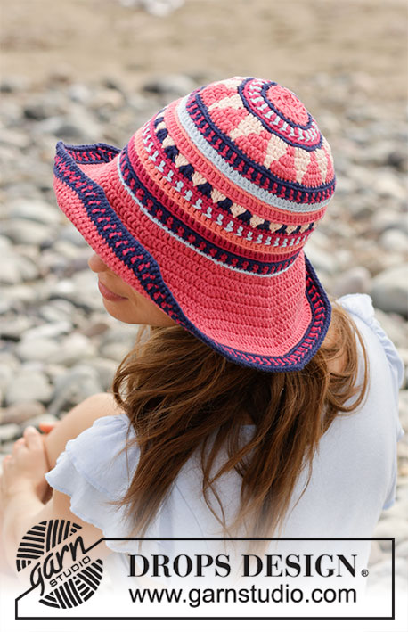 Bazar Hat / DROPS 190-19 - Crocheted hat with multi-colored pattern. The piece is worked in DROPS Paris.
