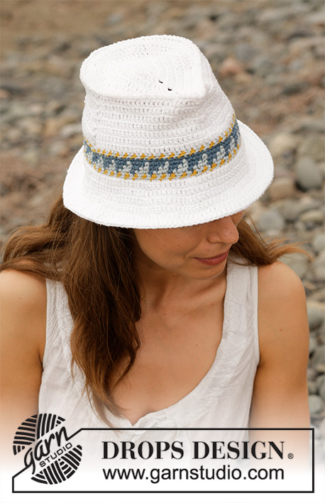 Sweet Fedora / DROPS 190-35 - Virkad hatt med kant i flerfärgat mönster. Arbetet är virkat i DROPS Paris