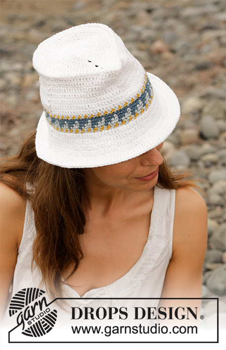 Sweet Fedora / DROPS 190-35 - Sombrero a ganchillo con cenefa en patrón multicolor. La pieza está elaborada en DROPS Paris.