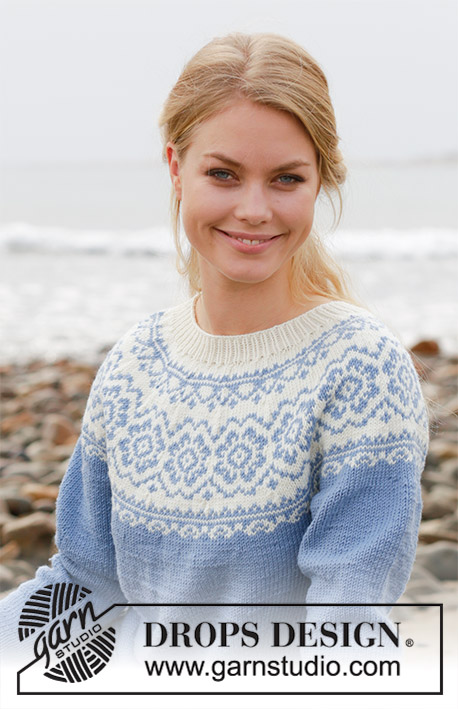 Periwinkle / DROPS 191-1 - Knitted jumper with round yoke, multi-coloured Norwegian pattern and A-shape. Size: S - XXXL Piece is knitted in DROPS Merino Extra Fine.