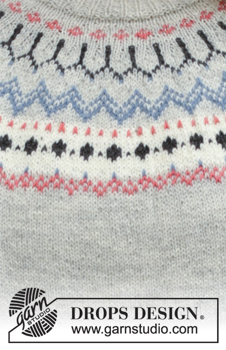 Mina Pullover / DROPS 191-22 - Tröja med runt ok, flerfärgat nordiskt mönster och A-form, stickad uppifrån och ner. Storlek S - XXXL. Arbetet är stickat i DROPS Flora