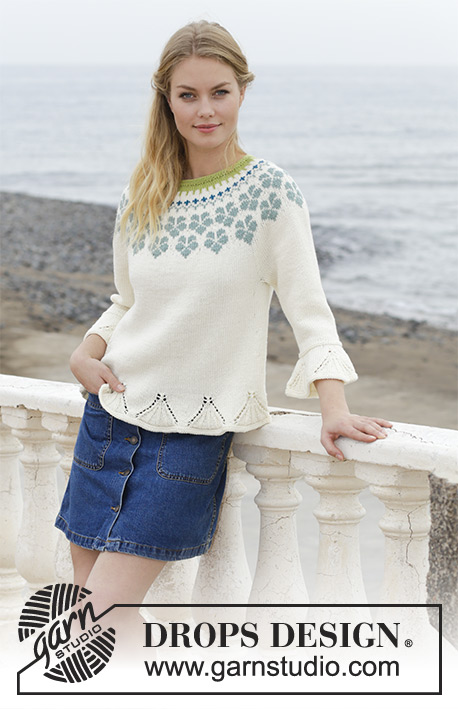 Myosotis / DROPS 191-9 - Jumper with round yoke, multi-coloured Norwegian pattern and ¾-sleeves with flounce, knitted top down. Size: S - XXXL Piece is knitted in DROPS Cotton Merino.