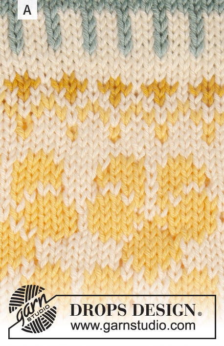 Myosotis / DROPS 191-9 - Bluse med rundt bærestykke, flerfarvet norsk mønster og ¾ ærme med flæse, strikket oppefra og ned. Størrelse S - XXXL. Arbejdet er strikket i DROPS Cotton Merino