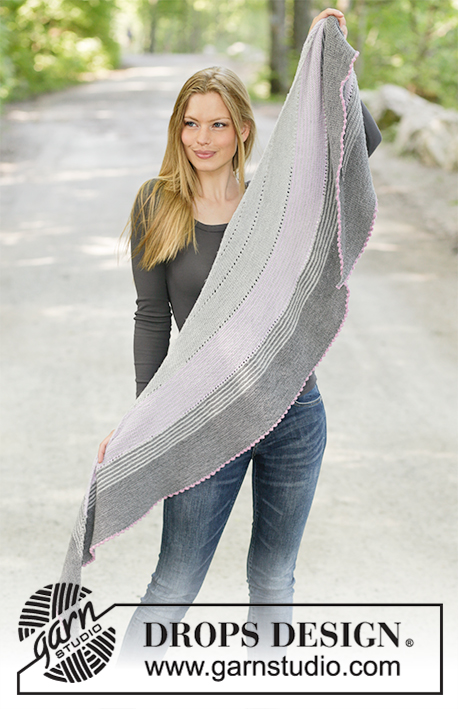 Mabelle / DROPS 194-28 - Knitted shawl with garter stitch, stripes and bind-off with picot. Piece is knitted in DROPS BabyMerino.