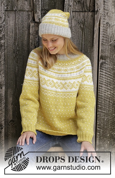 Lemon Pie / DROPS 195-10 - Knitted jumper in DROPS Karisma. Piece is knitted top down with round yoke and Nordic pattern. Size: S - XXXL
Knitted hat in DROPS Karisma. Piece is knitted with Nordic pattern fold in rib.