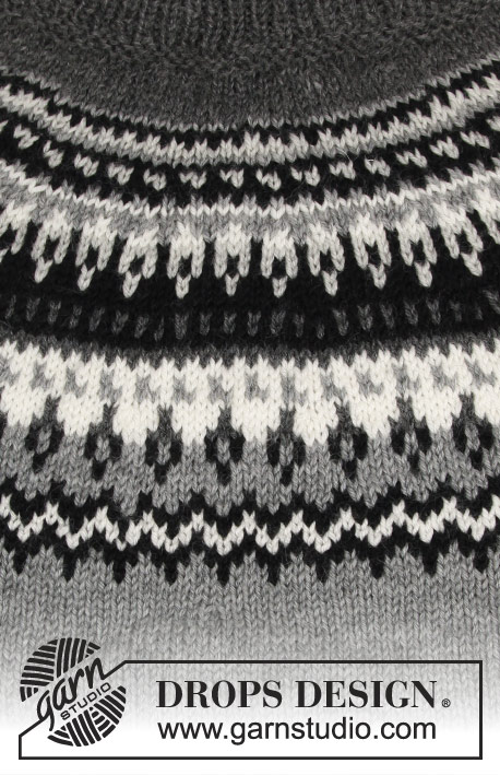 Night Shades / DROPS 195-19 - Sweter na drutach, przerabiany od dołu do góry, z włóczki DROPS Karisma, z zaokrąglonym karczkiem i żakardem norweskim. Od S do XXXL
