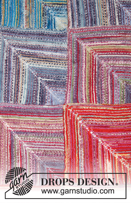 Sunset Mountains / DROPS 195-37 - Couverture tricotée avec dominos, rayures et point mousse en DROPS Fabel.
