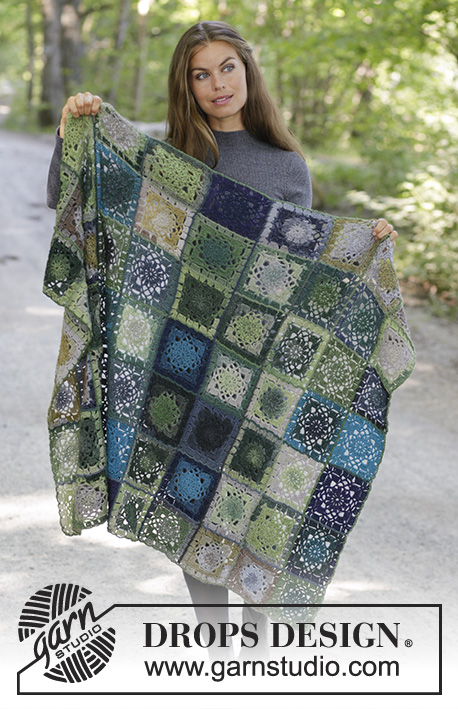 Nature Rules / DROPS 195-38 - Crocheted blanket with squares in DROPS Delight.