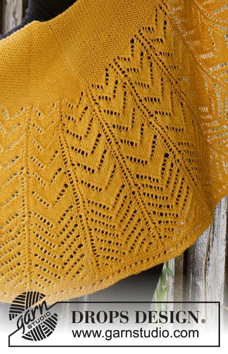 Calendula / DROPS 195-4 - Knitted shawl with lace pattern and garter stitch in DROPS Nord.