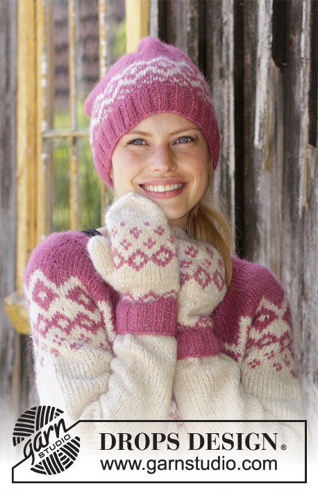 Diamond Delight Accessories / DROPS 196-14 - Knitted hat and mittens in DROPS Air with Nordic pattern.