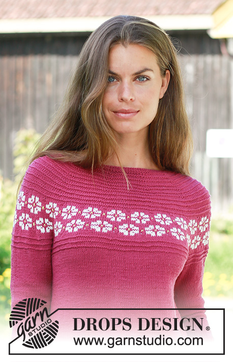 Daisy Delight / DROPS 196-2 - Knitted jumper with round yoke in DROPS BabyMerino. Piece is knitted top down with Nordic pattern and garter stitch. Size: S - XXXL