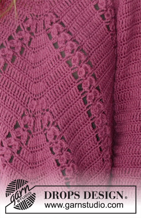 Flora Viola / DROPS 196-20 - Sweter na szydełku, przerabiany z góry na dół, z włóczki DROPS Puna, z reglanem, skosem, ściegiem ażurowym, wachlarzami i w formie trapezu. Od S do XXXL
