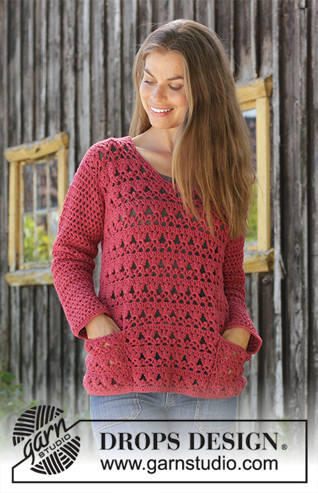 Last Harvest / DROPS 196-24 - Crocheted sweater in DROPS Merino Extra Fine. The piece is worked with lace pattern, fans and pockets. Sizes S - XXXL.