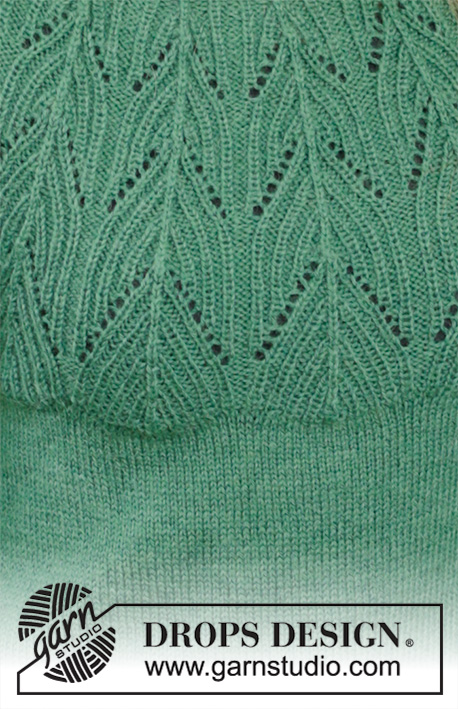 Green Echo / DROPS 196-26 - Sweter na drutach z włóczki DROPS Nord, z zaokrąglonym karczkiem, ściegiem ażurowym i strukturalnym. Od S do XXXL.