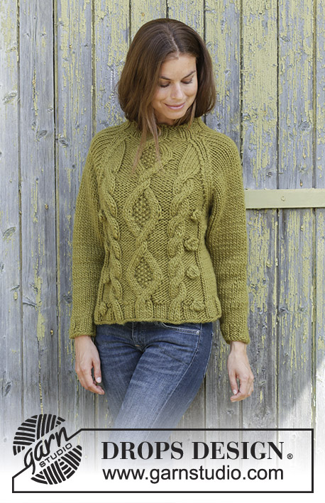 Green Tea / DROPS 196-32 - Knitted jumper with raglan in DROPS Snow. Piece is knitted bottom up with cables and bobbles. Size: S - XXXL